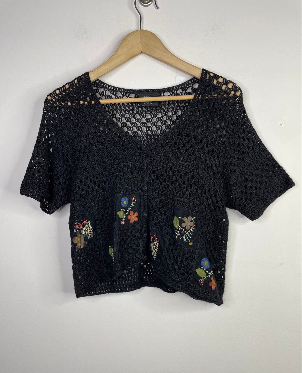 Y2K Black Crochet Knit Short Sleeve Cardigan Sweater Mesh Embroidered Floral M